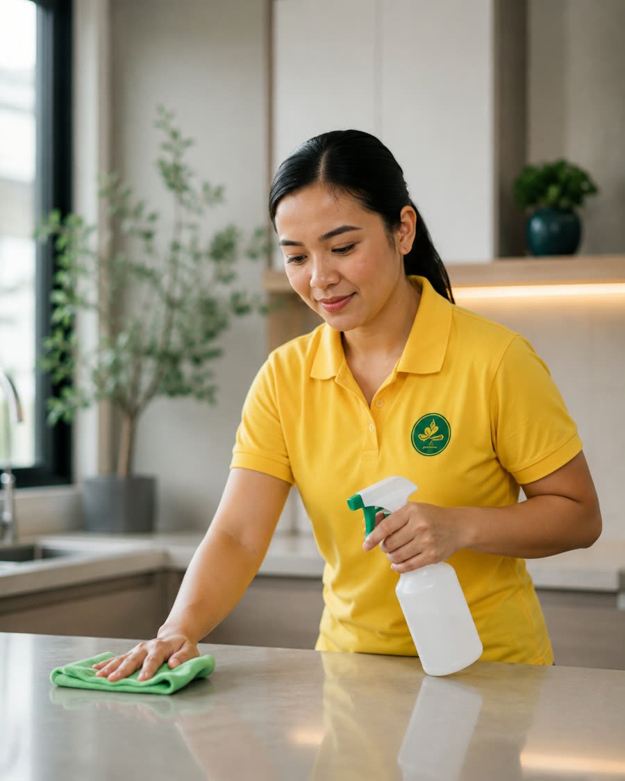 A member of the cleaning team wiping down a kitchen counter
